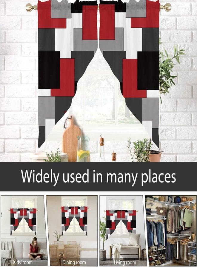 AAtter Red and Black Kitchen Valance Curtain for Window White Grey Gray Abstract Geometric Square Small Short Home Living Room Bedroom Bathroom Drape Fabric 1 Pair, 28" W x 36" L, Modern - Image 5